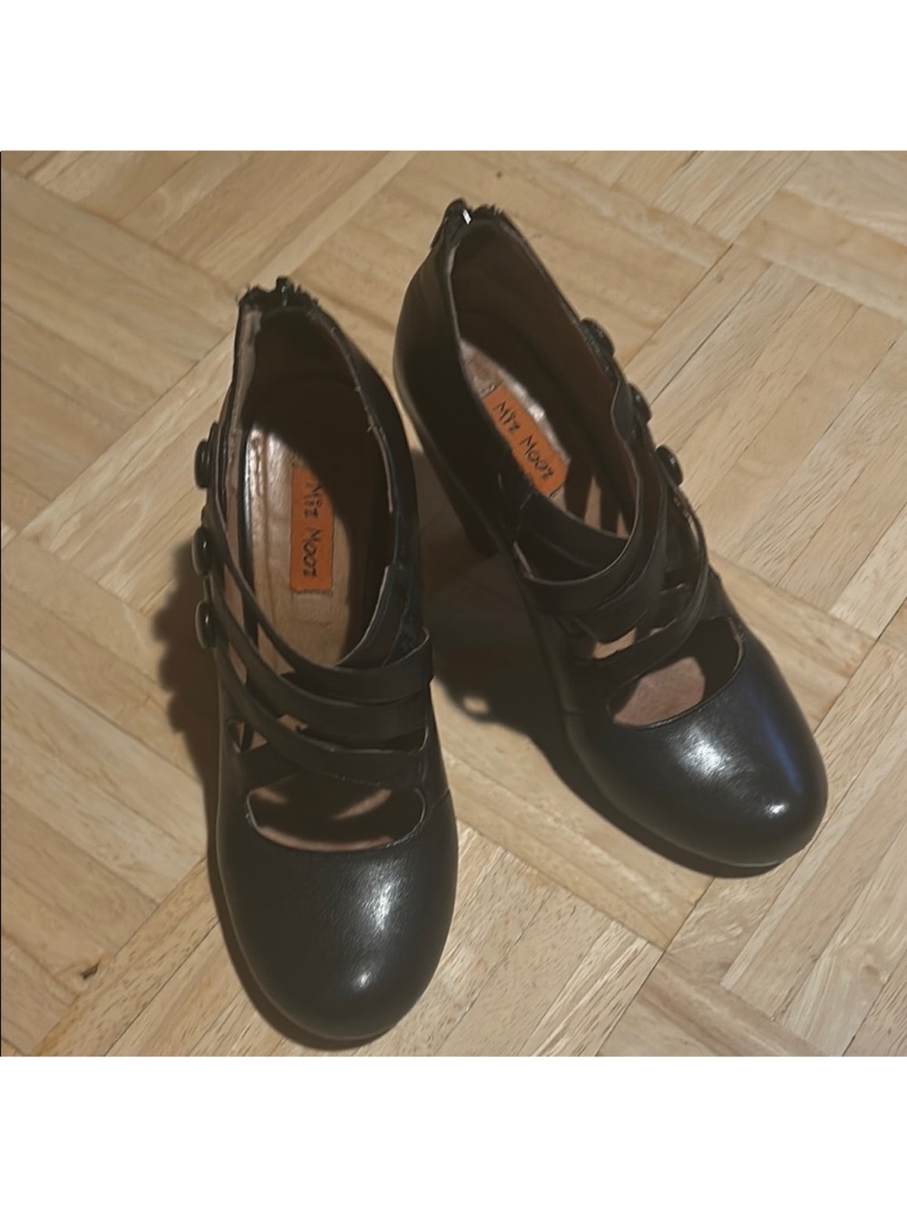 Miz Mooz Black Strappy Button-Detail Heels